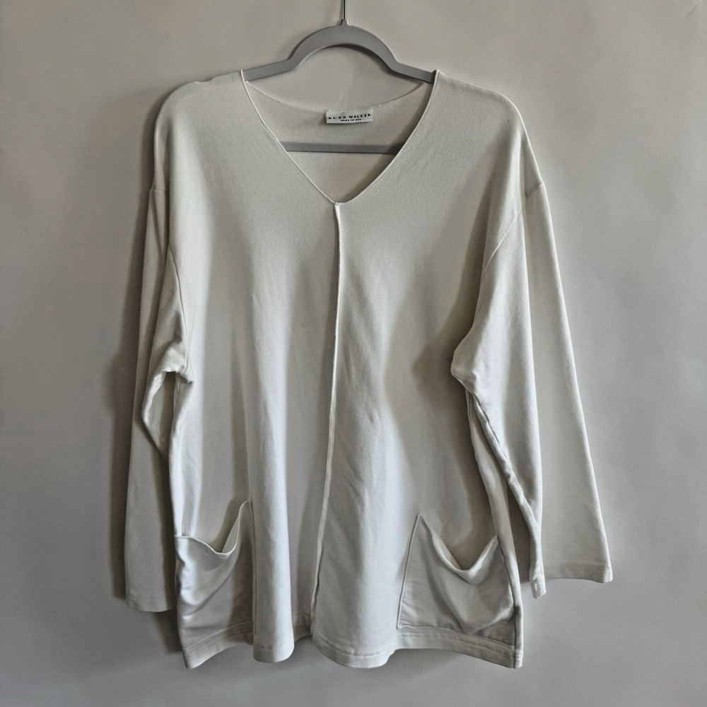Bryn Walker White Long‎ Sleeve Top Pockets Bamboo Organic Cotton Med Center Seam
